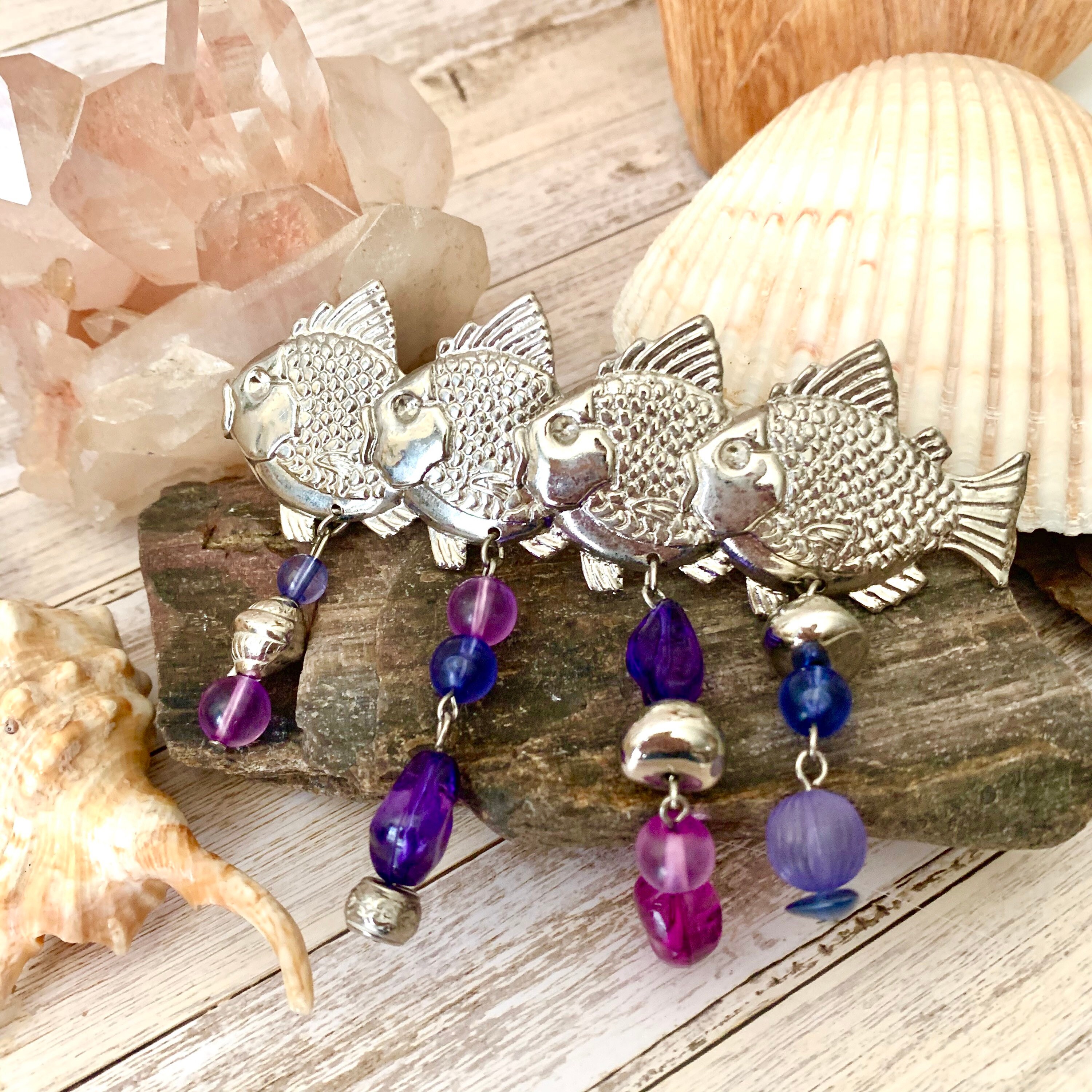 Vintage Hair Clip, Fish, Dangle Beads, Mermaid, Artistic, 80s 90s