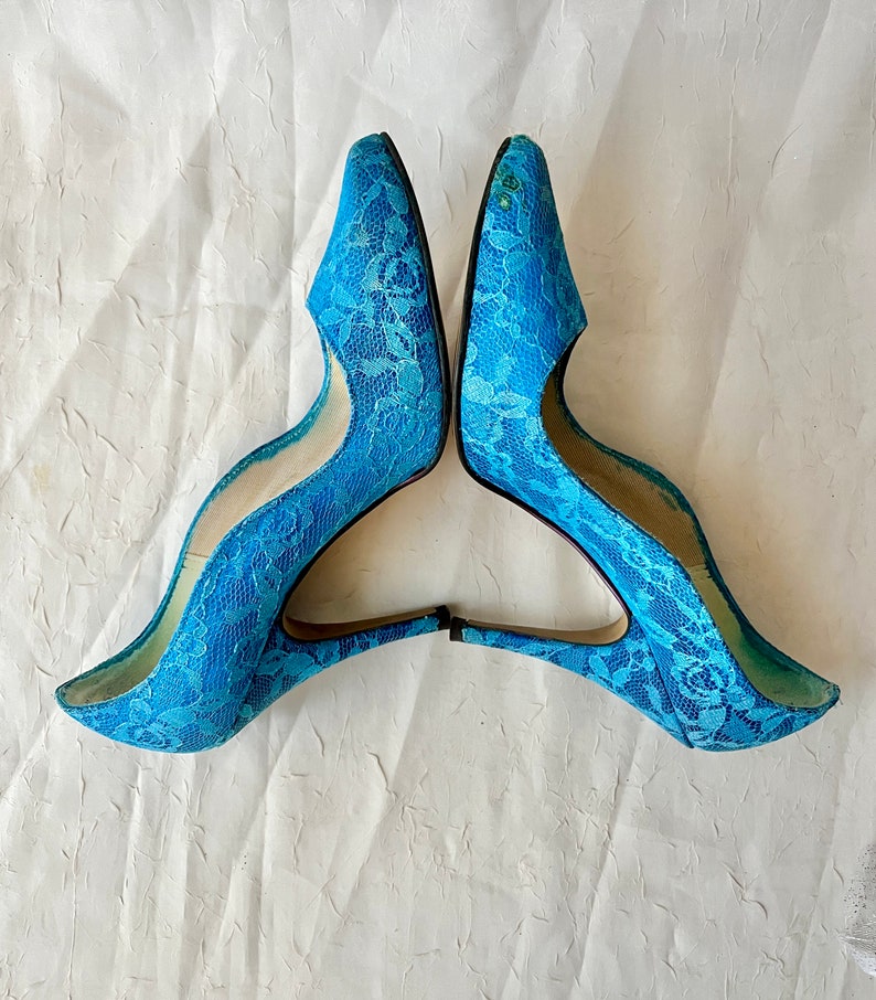 High Heels, Teal Blue Lace Overlay, Stilettos, Pointed Toe Shoes, Rockabilly Pin Up, Punk, Vintage 80s image 6
