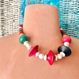 Statement Necklace, Big Wood Beads, Chunky, Artsy Geometric, New Wave Vintage 80s Jewelry