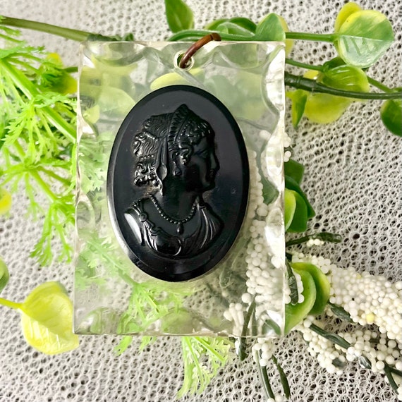 Black Lucite Cameo Pendant, Sculptural, Clear Mod… - image 1