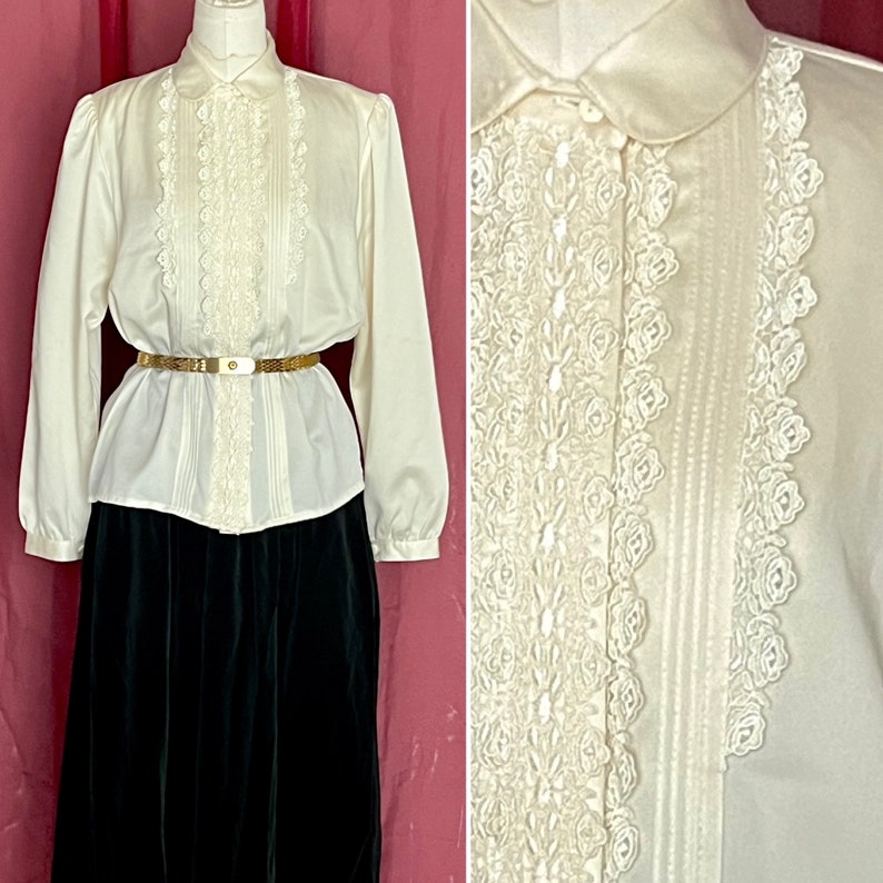 Vintage Lacy Creamy Blouse, Tiny Pleats, Edwardian Lace Jabot, Victorian, Frilly Top Shirt, XL image 1