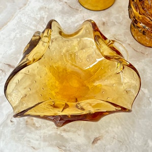 Ruffled Art Glass Bowl, Large, Golden Amber Clear, Bubbles, Murano, Abstract, Blown Glass, Dresser Dish, Ash Tray, Vintage image 7
