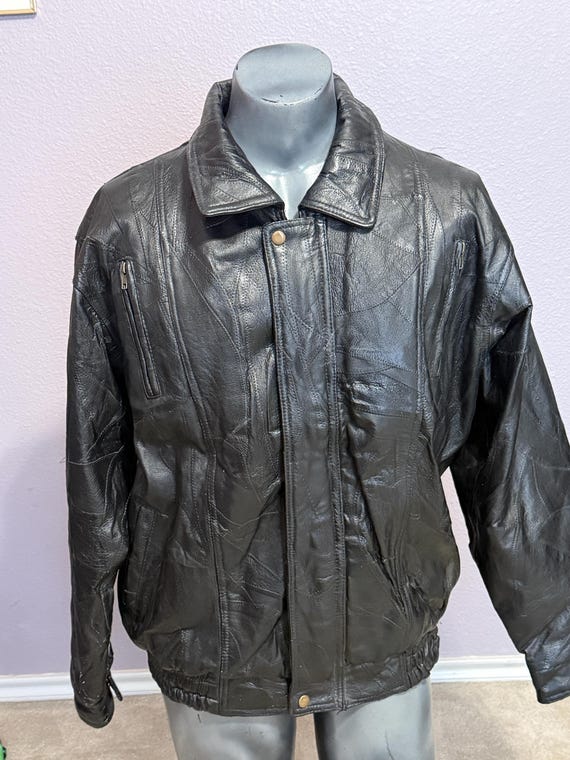 Vintage Leather Jacket, Black Patchwork Design, M… - image 10