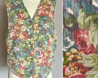 Floral Denim Vest, Button Down Front, Metal Buttons, Sleeveless Top, Vintage 90s 00s