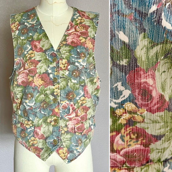 Floral Denim Vest, Button Down Front, Metal Butto… - image 1