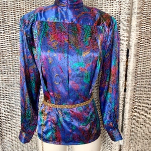 Artsy Print Vintage Top, High Neck, Jewel Tones, Silky Polyester Blouse, Tapered Fit