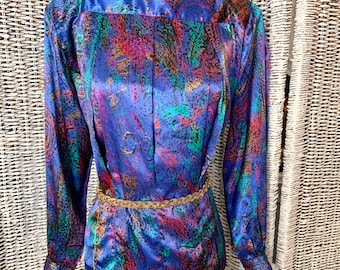 Artsy Print Vintage Top, High Neck, Jewel Tones, Silky Polyester Blouse, Tapered Fit