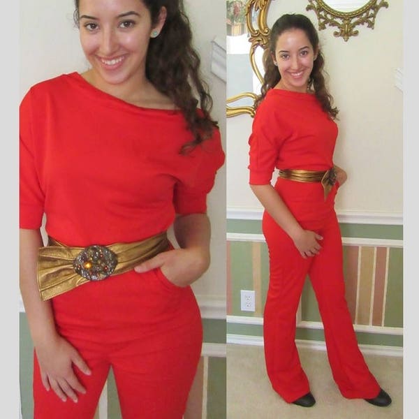 Lipstick Red Jumpsuit, Sexy Fit, Slouch Top, Buttons at Shoulder, Vintage 90s