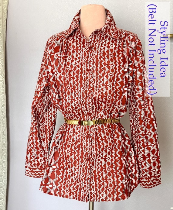 Button Down Blouse, Artsy Tribal Pattern, Cotton … - image 3