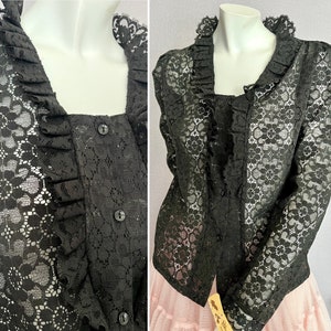 Black Lace Top Blouse, Ruffle Front, Sheer, NOS, Original Tags, Victorian, Edwardian, Prairie, Vintage 70s