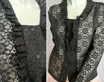 Black Lace Top Blouse, Ruffle Front, Sheer, NOS, Original Tags, Victorian, Edwardian, Prairie, Vintage 70s