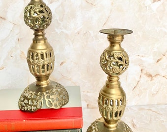 Vintage Brass Candlesticks, Cut Out, Set of 2, Home Decor, Mid Century