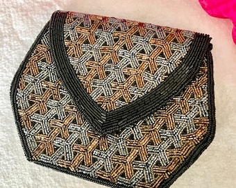 Glitzy Beaded Clutch, Geometric Shape, Black Pewter Bronze, Seed Beads, Cocktail Purse, Optional Strap, Vintage 80s 90s
