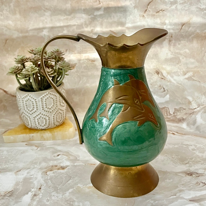 Enamel Brass Pitcher, Dolphins, Vase, Ewer, Artistic, Vintage Home Decor image 7