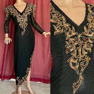 GLITZY Sequin Beaded Dress, Ornate, Sheer Sleeves, Neiman Marcus, AJ Bari, Vintage
