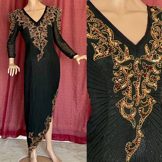 GLITZY Sequin Beaded Dress, Ornate, Sheer Sleeves… - image 1