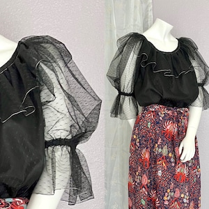 Fabulous Sheer Top, Statement Puff Sleeves, Silver Lurex Trim, Vintage Blouse, Peasant Style image 1