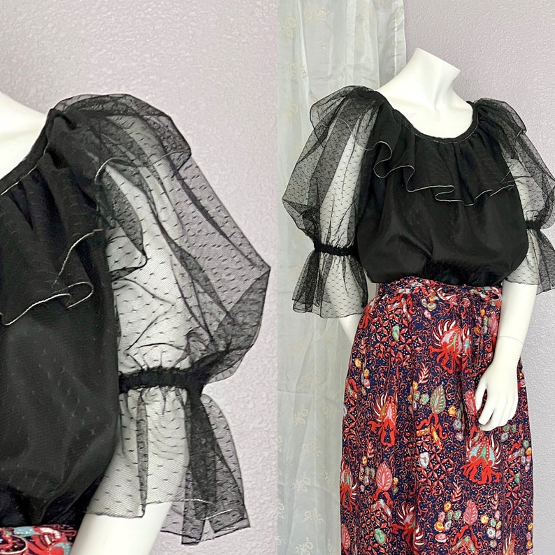 Fabulous Sheer Top, Statement Puff Sleeves, Silver Lurex Trim, Vintage Blouse, Peasant Style image 1