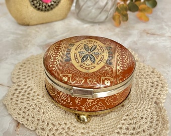 Ornate Trinket Box, Leather Art, Gold Metallic, Leather Jewelry Box, Mid Century Vintage