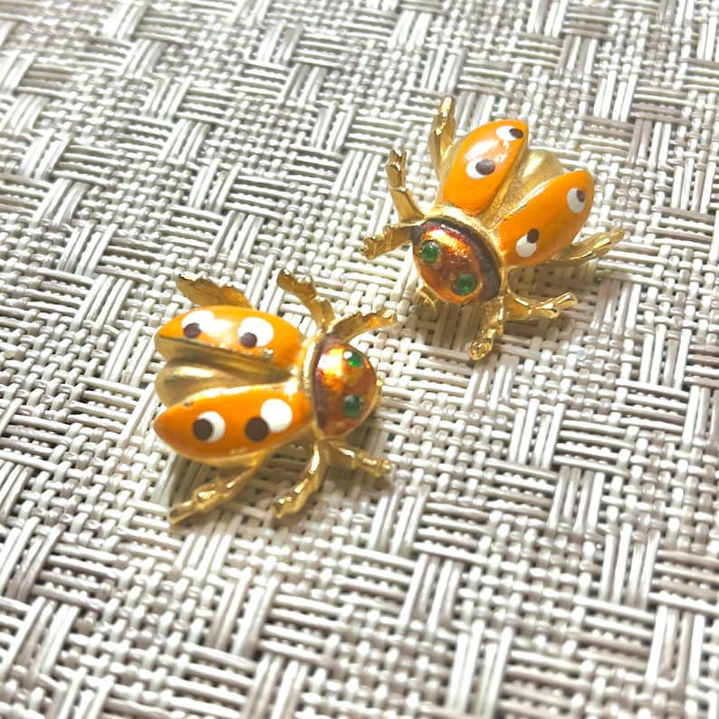 Scatter Pins Lady Bugs, Insects, Enamel Brooches, Set 2, Green Stones, Vintage image 1