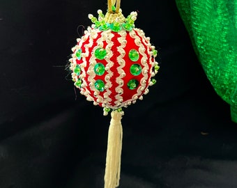 Ornate Beaded Christmas Ornament, Fringe Tassel, Mid Century Holiday Decor, Vintage 60s 70s