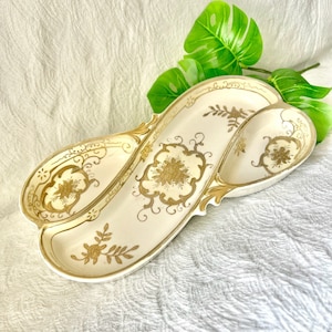 Ornate Divided Tray, Dresser Dish, Porcelain, Hand Painted, Hollywood Regency, Mid Century Vintage