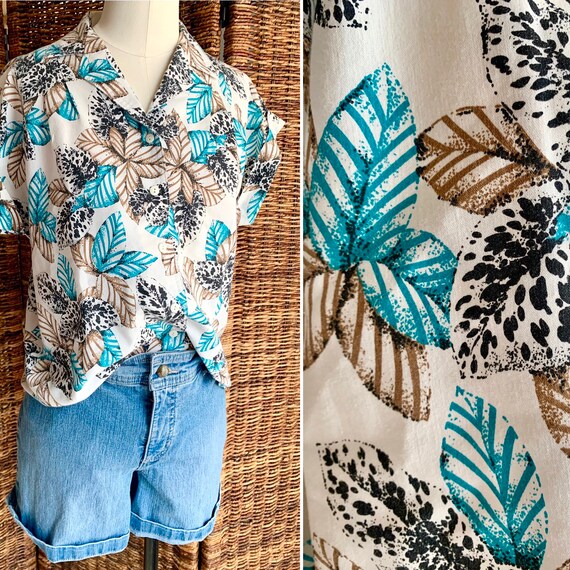 Vintage Button Down Top, Camp Shirt, Botanical Tr… - image 3