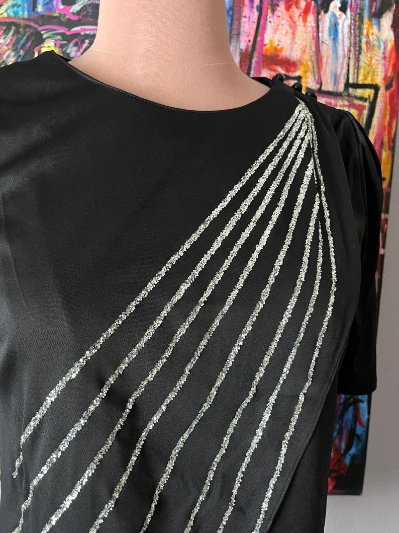 Sheer Silk Beaded Top, Black, Faux Pearl, Dangle Beads, Cocktail, Vintage image 2