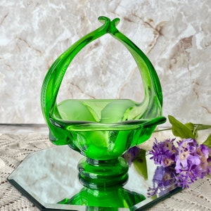 Vintage Art Glass Hand Blown Basket, Candy Dish, Mid Century Abstract Form Artistic, Green White