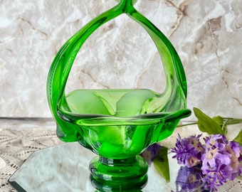 Vintage Art Glass Hand Blown Basket, Candy Dish, Mid Century Abstract Form Artistic, Green White