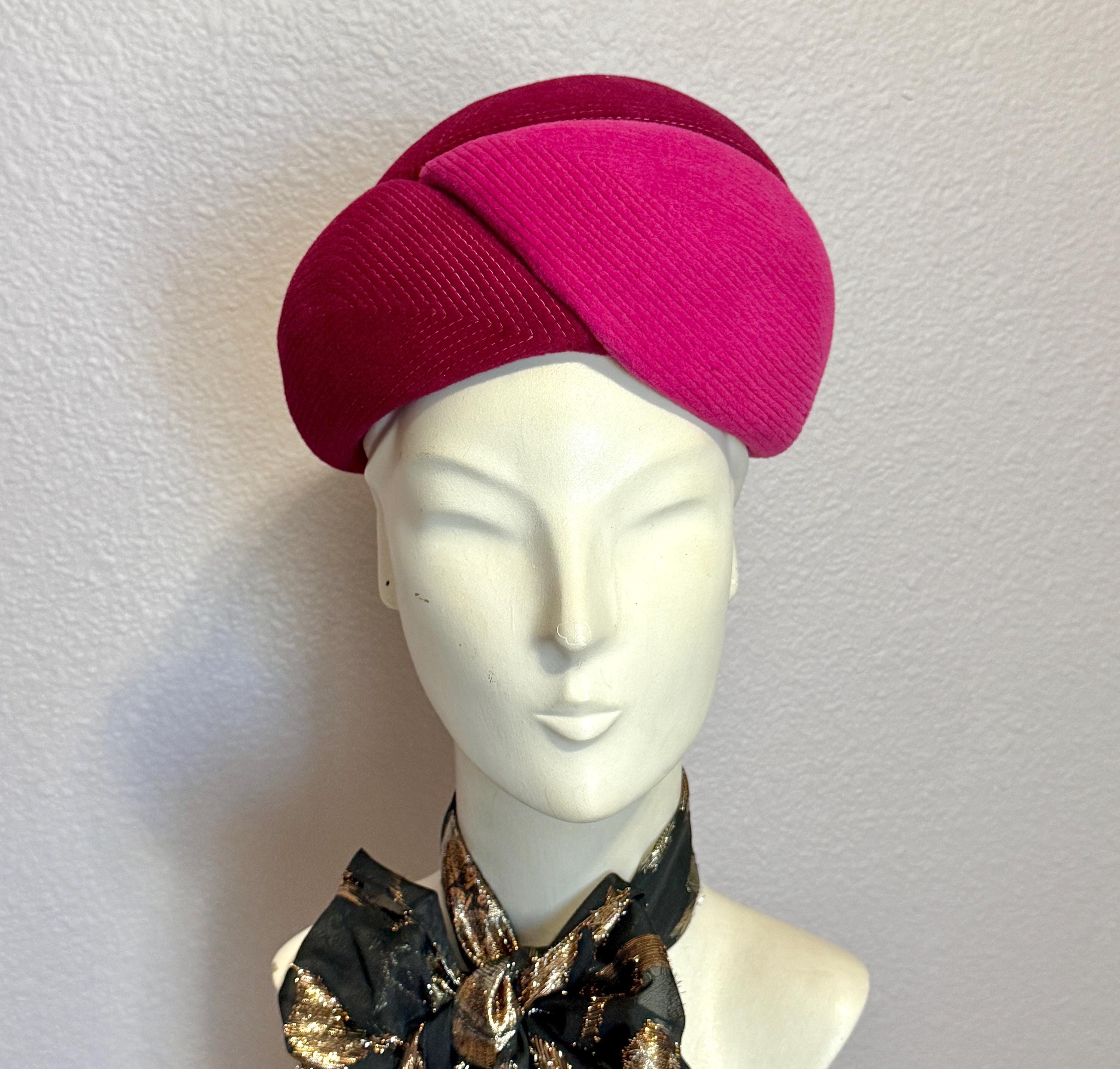 Velvet Pill Box Hat, Two-tone Magenta, Top Stitch Details  display picture 1