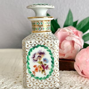 Vintage Perfume Bottle, Porcelain, Early 1900s, Floral Hand Painted, Dauber, Erphila, Mid Century Decor