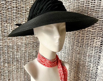 Wide Brim Hat, Shirred Ribbon Trim, Lightweight Raffia, Pin Up Style, Vintage 50s 60s
