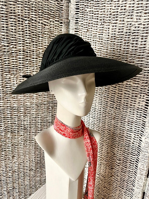 Wide Brim Hat, Shirred Ribbon Trim, Lightweight R… - image 1