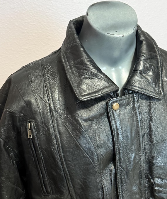Vintage Leather Jacket, Black Patchwork Design, M… - image 1