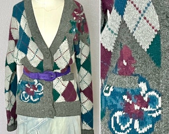 Vintage Argyle Wool Cardigan Sweater, Preppy Plaid, Floral, Angora Lambswool Blend, Pockets