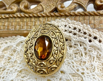 Ornate Filigree Locket Pendant, Faceted Topaz, Large Brooch, Avon Compact, Vintage