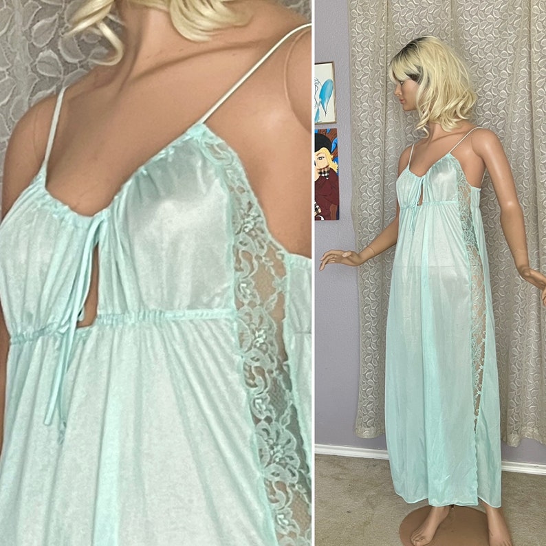 Vintage Slip Dress, Maxi Night Gown, Nightie, Sheer Lace, Low Neckline, Keyhole, Spaghetti Straps, Lingerie Negligee image 2