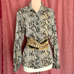 Vintage Sheer Reptile Print Blouse: Metallic Gold Lurex, Size 16