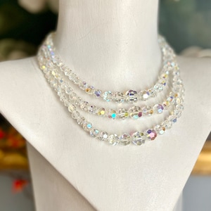 Vintage Statement Necklace, Iridescent Crystals, Faceted Multi Strand, Adjustable, 50s 60s