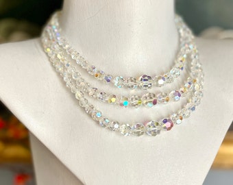 Vintage Statement Necklace, Iridescent Crystals, Faceted Multi Strand, Adjustable, 50s 60s