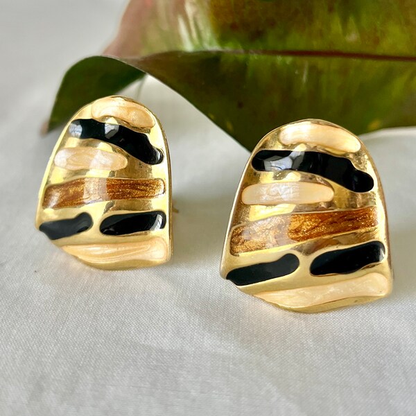 Vintage Statement Earrings, Abstract Tiger Stripes Design, Enamel, Clip On, Vintage 90s 00s Y2K