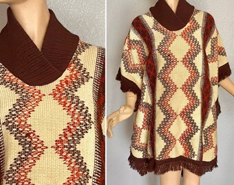 Hippie Style Poncho, Long Knit Wrap, Bold Woven Pattern, Ribbed Collar, Fringed Cloak, Vintage Boho Bohemian