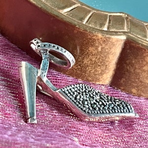 Vintage Brooch, Sterling Marcasite, Silver, High Heel, Peep Toe, Shoe Style, 70s 80s