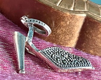 Vintage Brooch, Sterling Marcasite, Silver, High Heel, Peep Toe, Shoe Style, 70s 80s