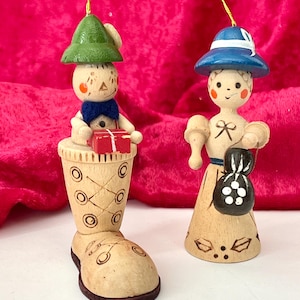 Vintage Wood Ornaments, Carved Designs, Folk Art, Pair, Set 2, Christmas Tree Holiday Decor