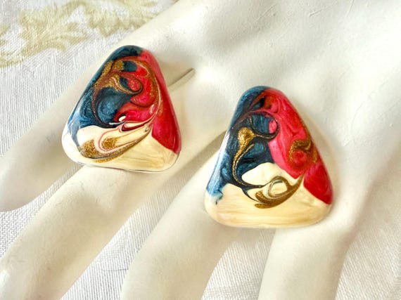 Enamel Statement Earrings, Geometric Shape, Abstr… - image 3
