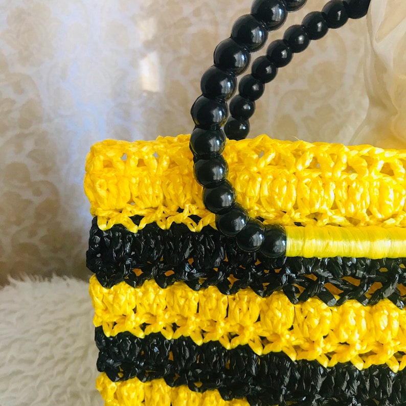 Raffia Purse, Bright Yellow Black, Handbag, Vegan, Vintage 60s image 2