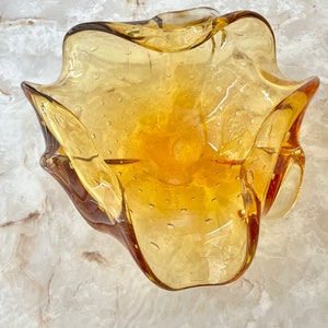 Ruffled Art Glass Bowl, Large, Golden Amber Clear, Bubbles, Murano, Abstract, Blown Glass, Dresser Dish, Ash Tray, Vintage image 2