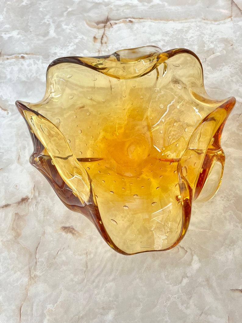 Ruffled Art Glass Bowl, Large, Golden Amber Clear, Bubbles, Murano, Abstract, Blown Glass, Dresser Dish, Ash Tray, Vintage image 2